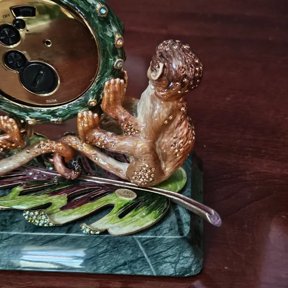 JAY STRONGWATER MONKEY DRA JUNGLE SAFARI CRYSTAL ENAMEL OFFICE DESK MANTEL CLOCK